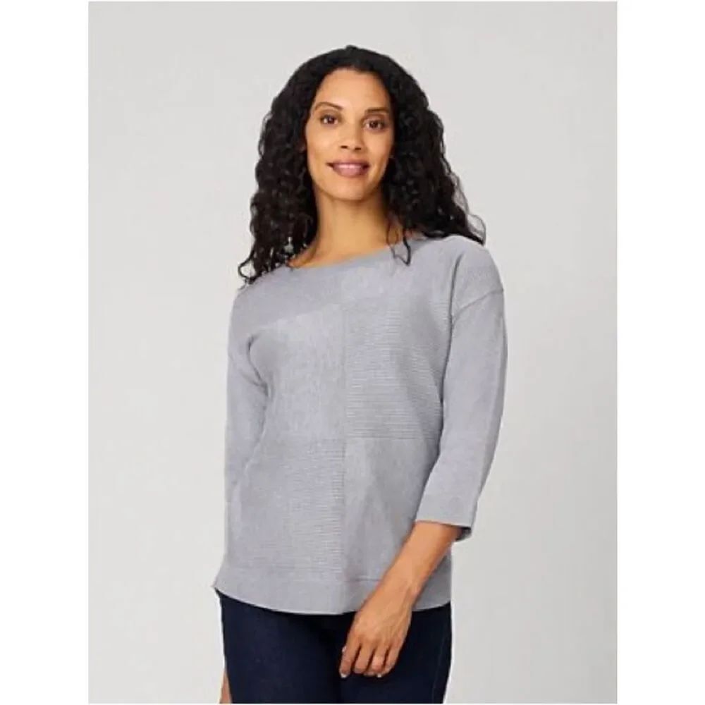 J Jill Gray Textured Knit 3/4 Sleeve Sweater
